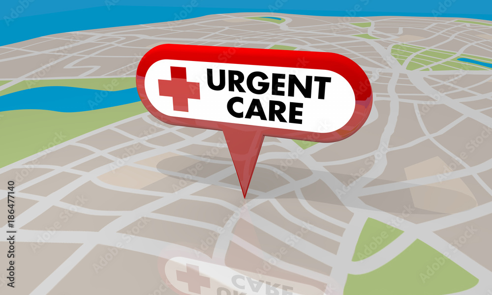 A computer-generated map with a red 'Urgent Care' location marker.