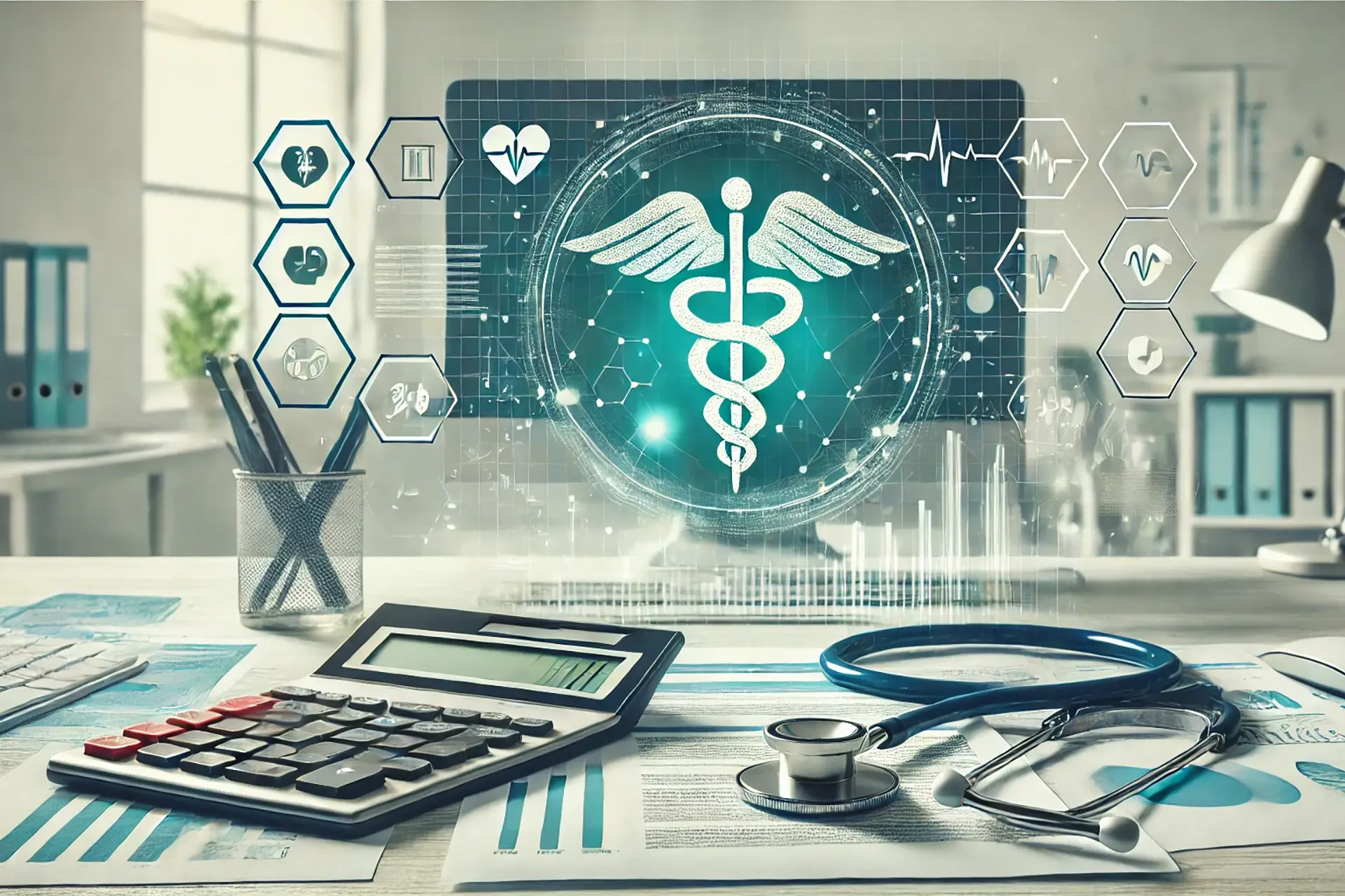 Calculator, financial documents, and stethoscope on a desk in a medical office setting, representing the process of valuing a medical practice.