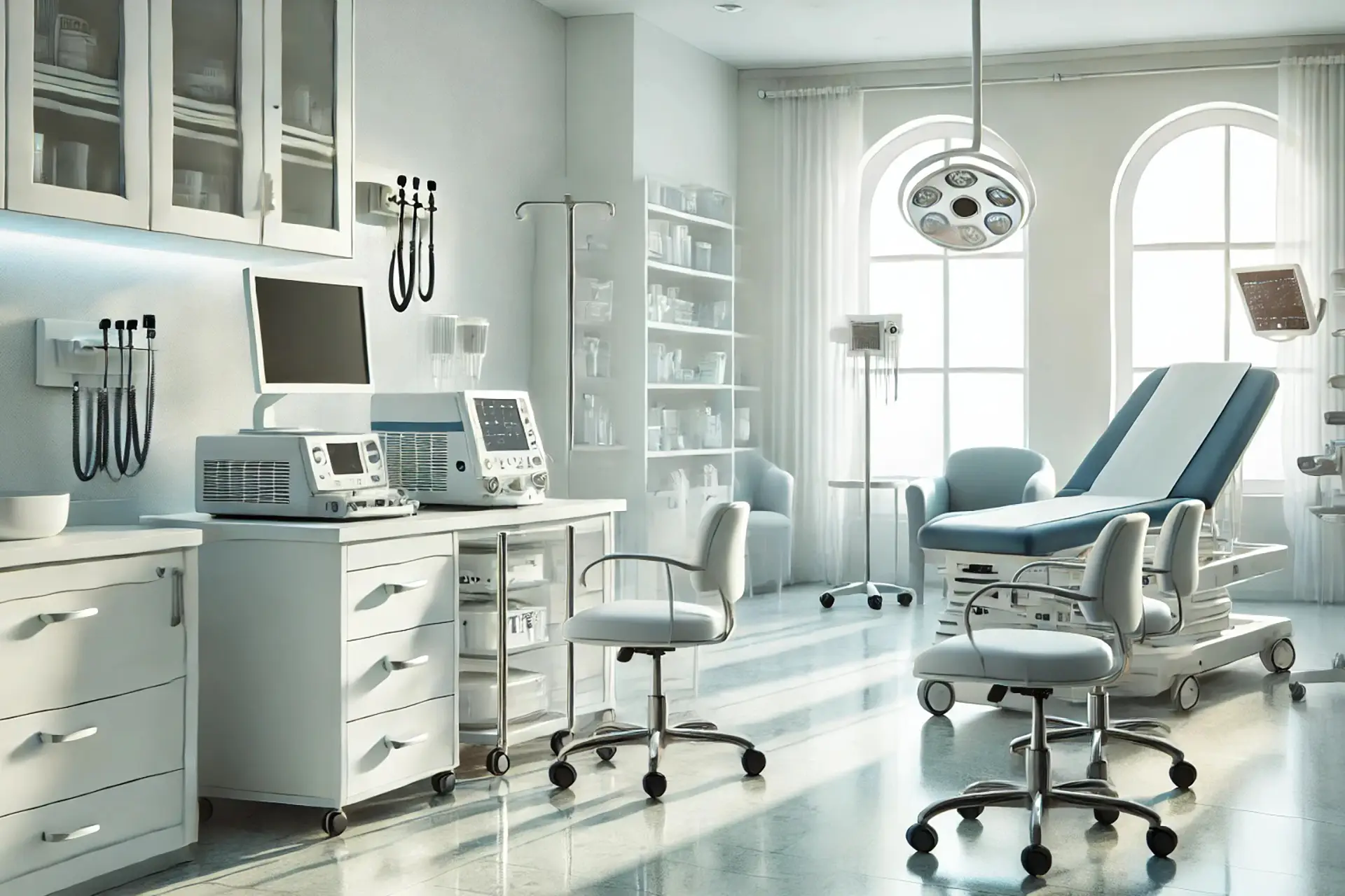 Modern and clean doctor's office with medical equipment and exam table, representing the financial and operational considerations when buying a medical practice.